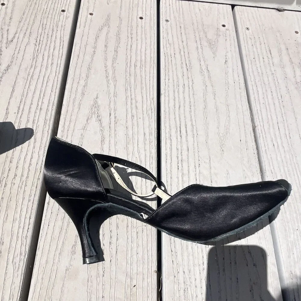 Jiajia Women’s Black Satin Ballroom Dance Shoes T-Strap Rhinestone Heels Size 10